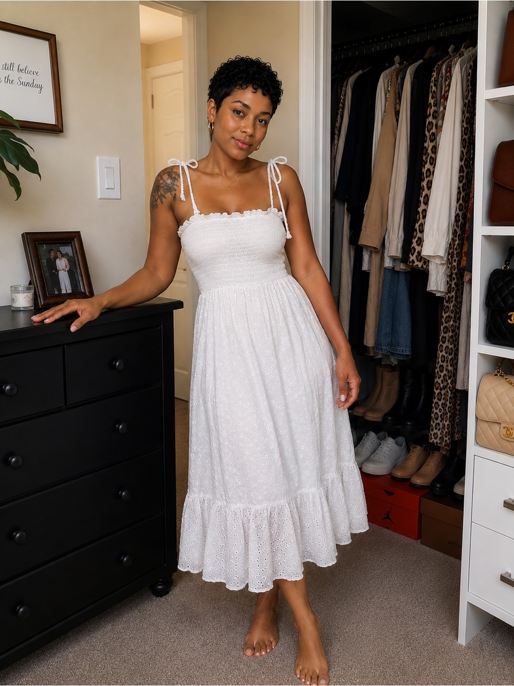White Tie-Shoulder Eyelet Sundress